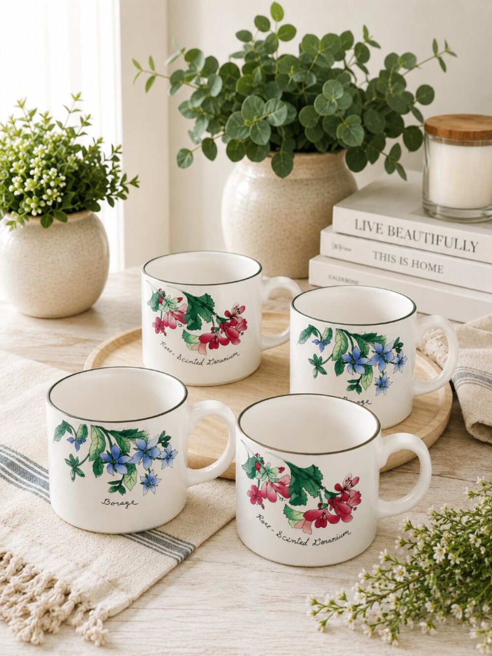 1997 SAKURA "Geranium" Stoneware Mugs by Sue Zipkin | Set of 4